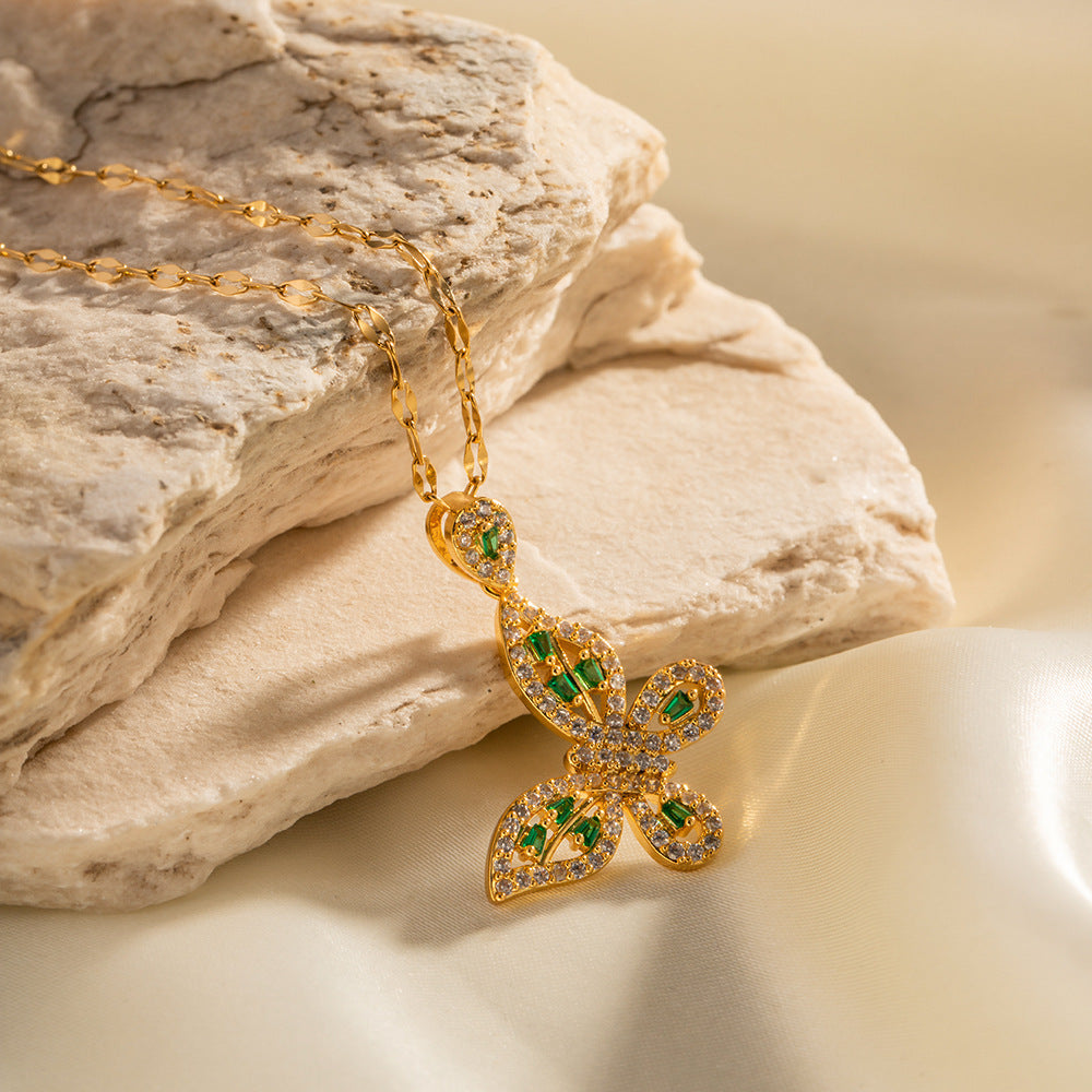 18K Gold Exquisite Dazzling Green Butterfly Necklace