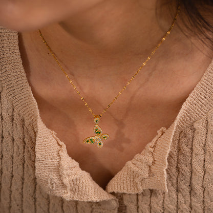 18K Gold Exquisite Dazzling Green Butterfly Necklace