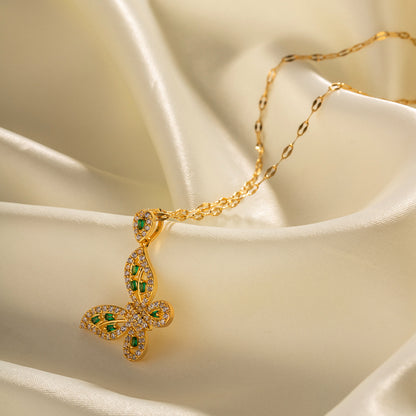 18K Gold Exquisite Dazzling Green Butterfly Necklace