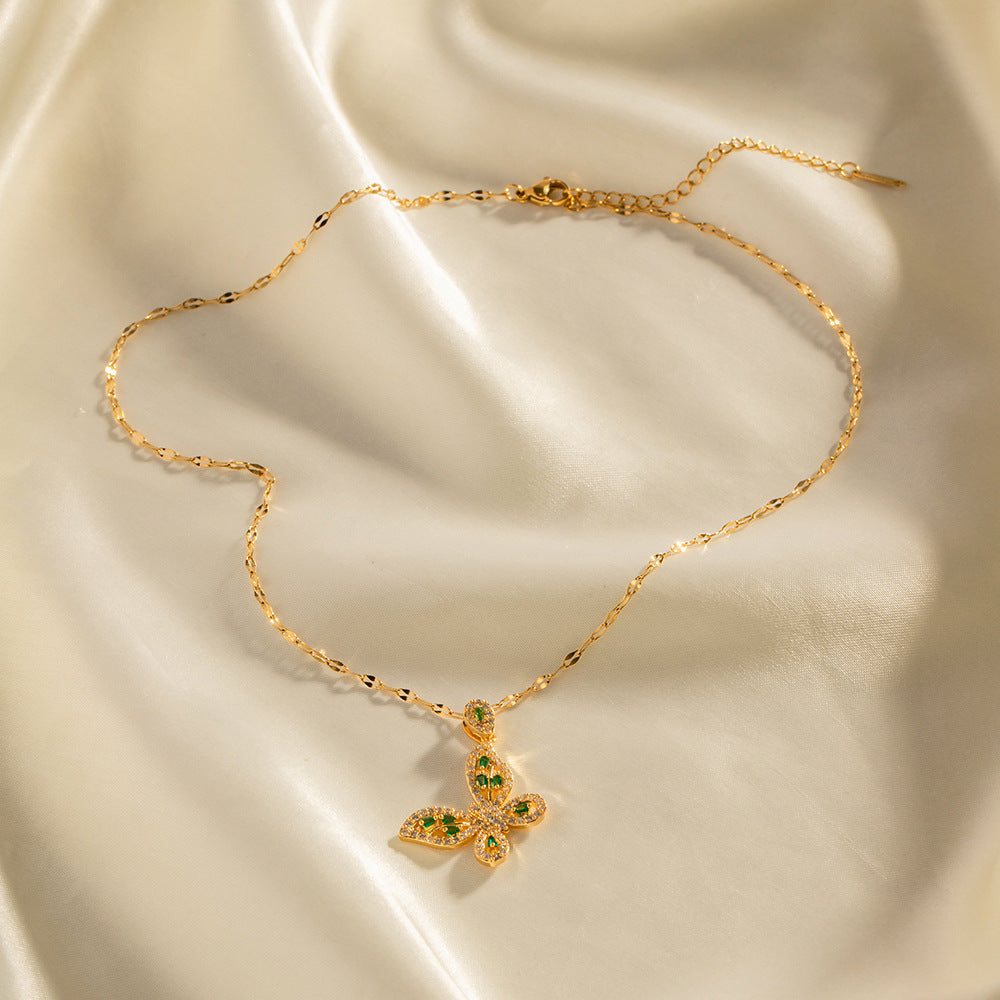 18K Gold Exquisite Dazzling Green Butterfly Necklace