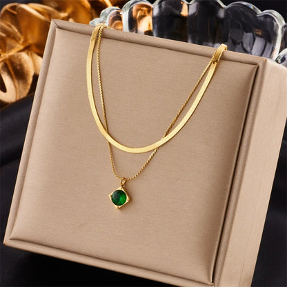 Gold High-End Green Square Necklace