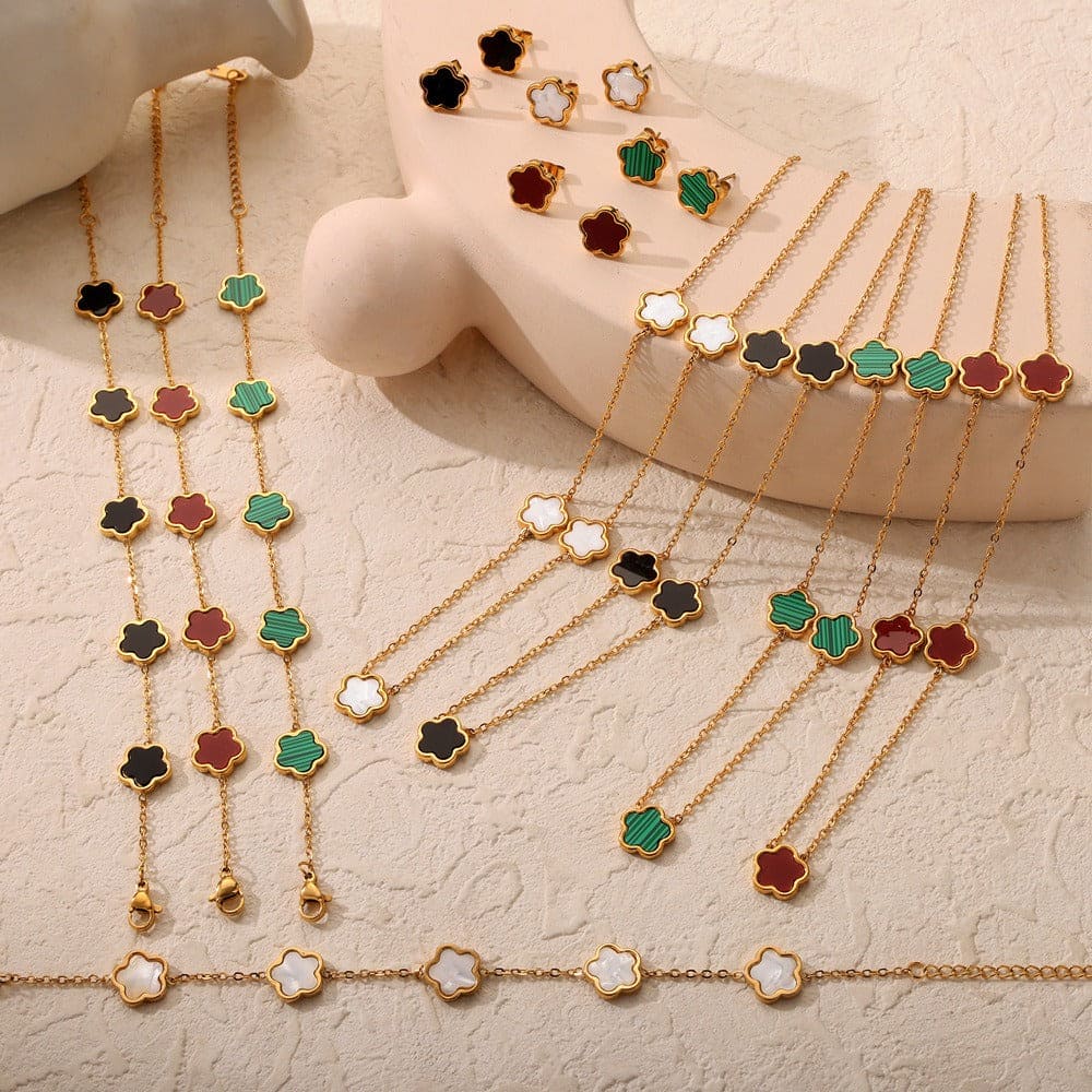 18K Gold  Flower Gemstone Earring, Bracelet and Necklace set