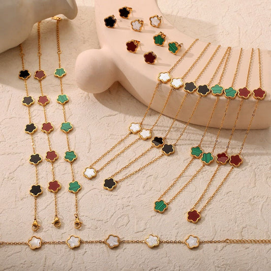 18K Gold  Flower Gemstone Earring, Bracelet and Necklace set