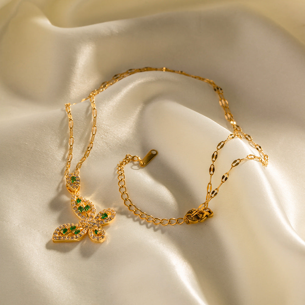 18K Gold Exquisite Dazzling Green Butterfly Necklace
