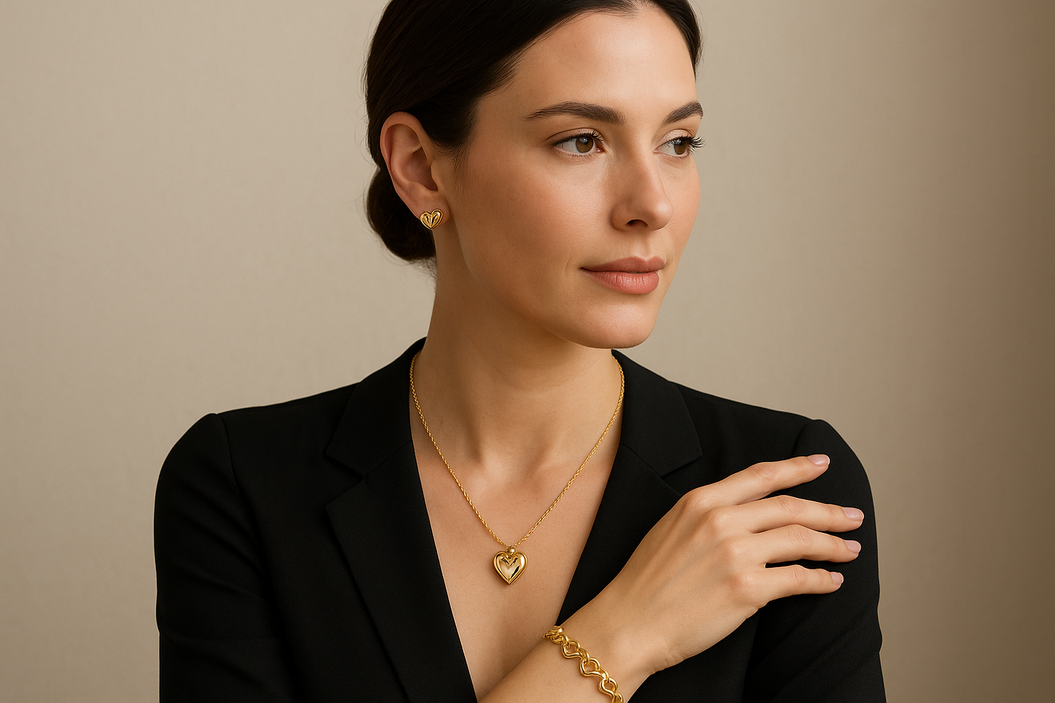 Woman wearing complete Heart Collection jewelry set