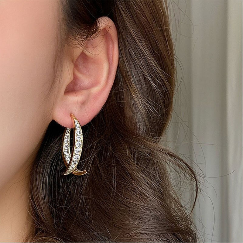 Cross Curved Crystal Diamon Earrings