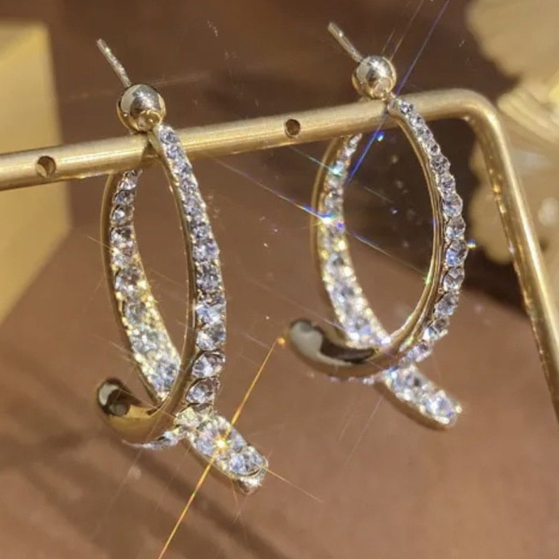 Cross Curved Crystal Diamon Earrings