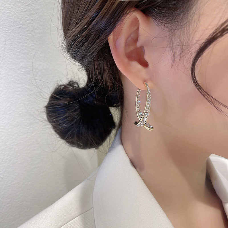 Cross Curved Crystal Diamon Earrings